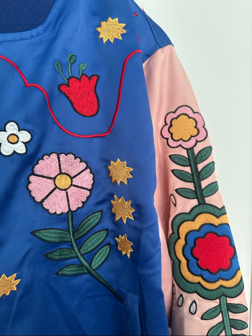 ban.do Embroidered Floral Bomber Jacket in Blue & Pink - Picture 3 of 4